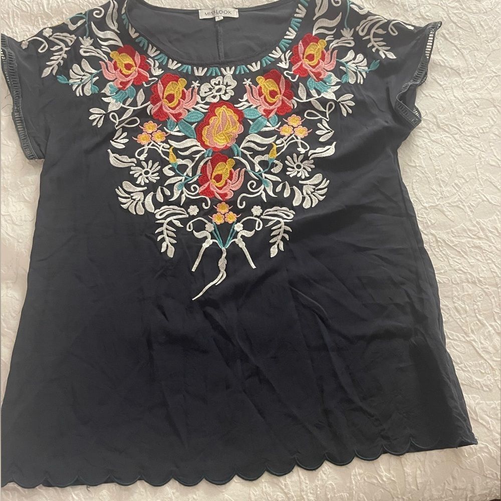 Misslook black‎ and floral embroidered short sleeve shirt top, size large